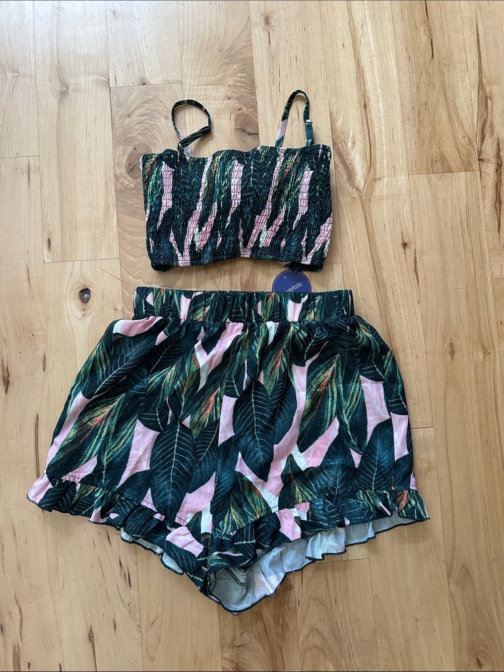 Tropical Leaf Print Two-Piece Set - Pink & Dark Green